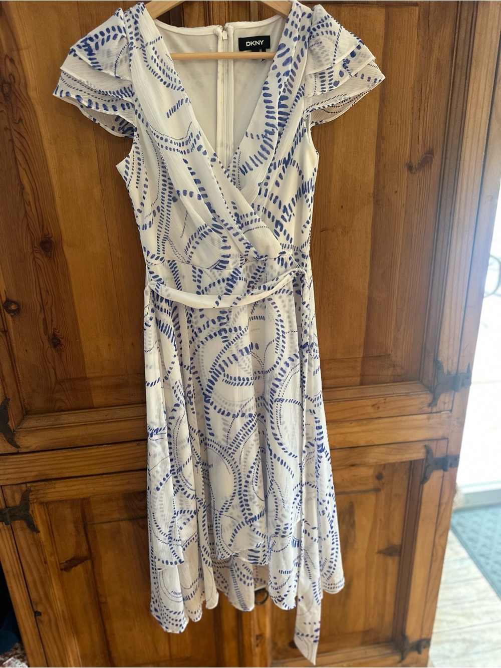 DKNY White & Blue Printed Faux Wrap Dress with Belt Size 2